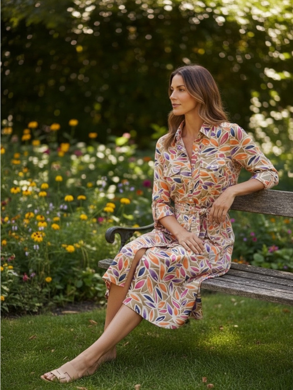J. McLaughlin Spring Leaf-Print Shirt Dress in Pink Cream and Blue.